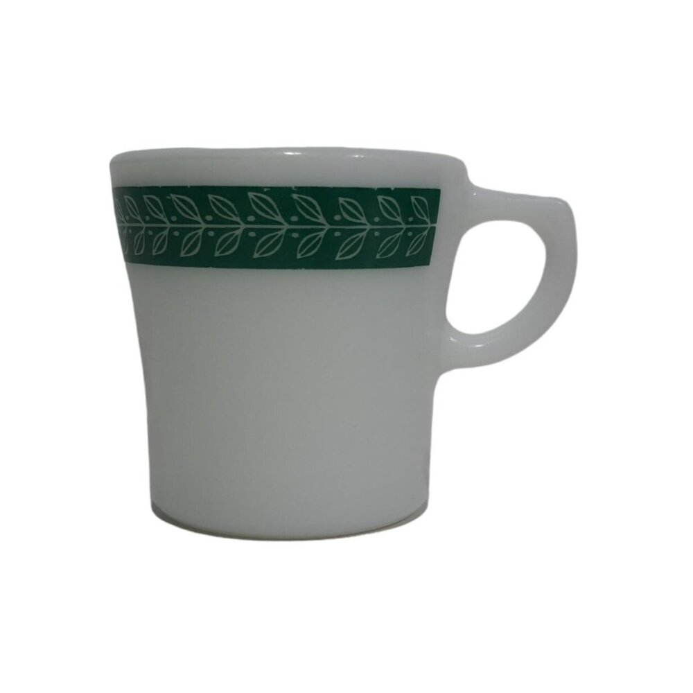 Corning Laurel Leaf Green Grecian Style Trim Milk Glass Coffee USA Vintage